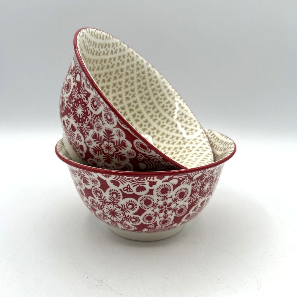 Hallmark Holiday Snowflake Ceramic Bowls Red White Scandinavian Floral Set of 2